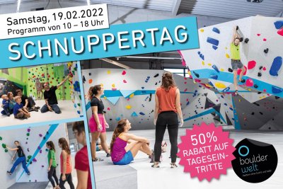 Schnuppertag am 19.02.22 in Boulderwelt München Süd in Brunnthal mit gratis Einführungen und 50% Tageseintritt