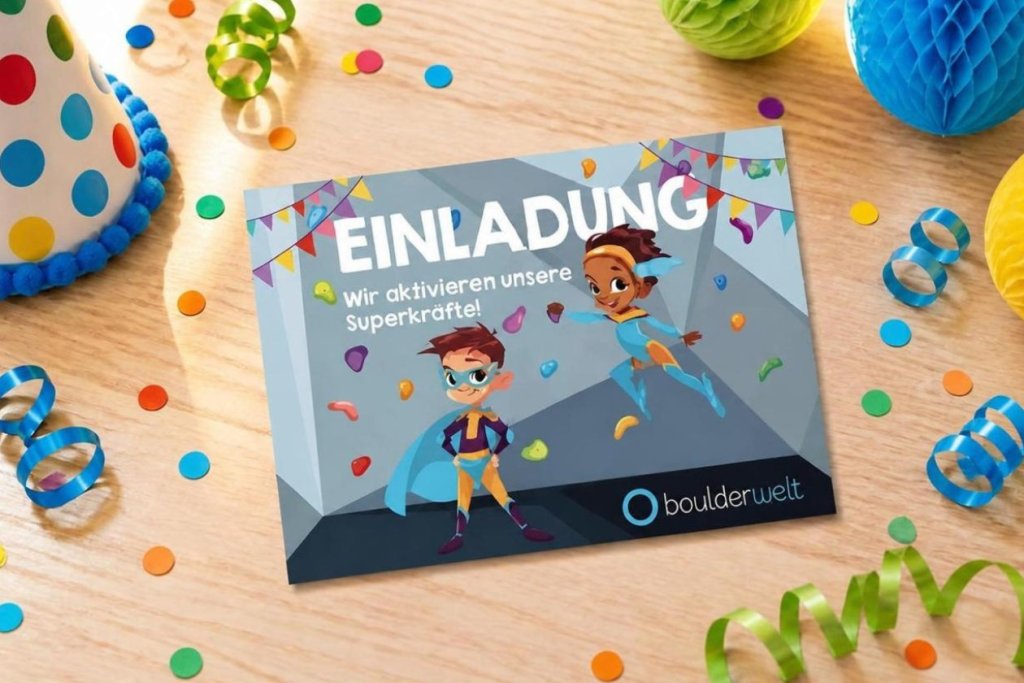 Kindergeburtstag in der Boulderwelt München Süd in Brunnthal feiern: Zusatzangebot Einladungskarte